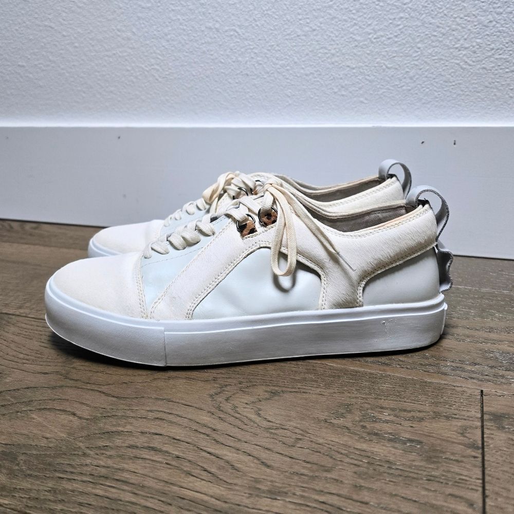 Article No. Leather & Calf Hair Luxury Low Top Skate Sneakers in White Ivory